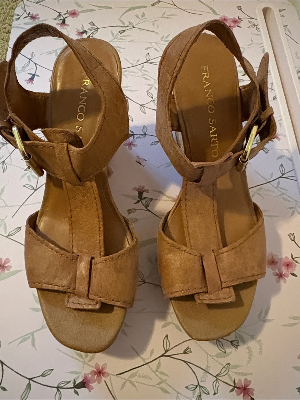 Franco Sarto Cognac Suede T-Strap Heeled Sandals
